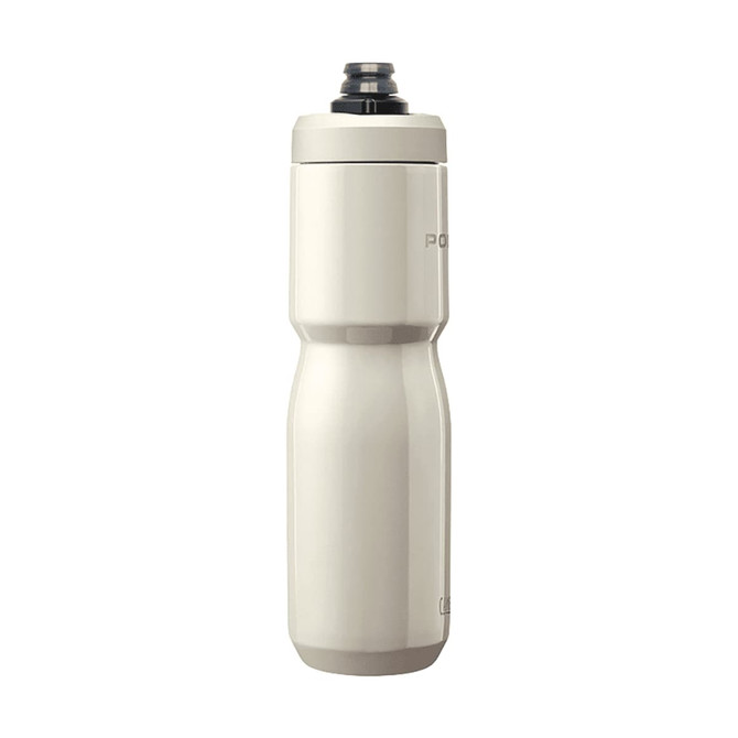 A drink bottle in matte white with a black cap and a slim, ergonomic design. It features a logo on the side.
