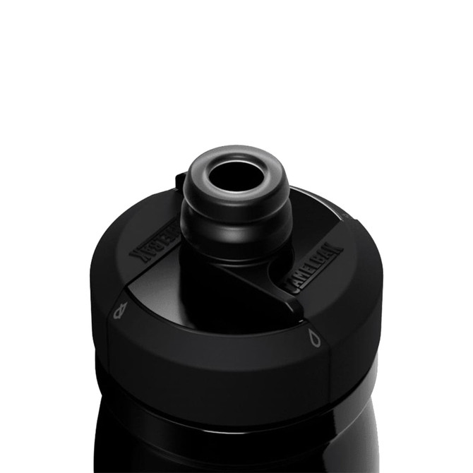 A drink bottle with a black insulated steel body and a black spout cap, featuring a logo on the side.