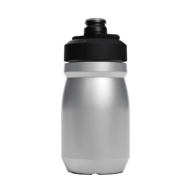A drink bottle in silver stainless steel with a black lid, featuring a logo on its surface.