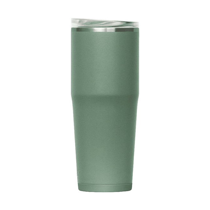 A drink bottle with a sleek design, featuring a matte green finish and a transparent lid. It includes a brand logo.