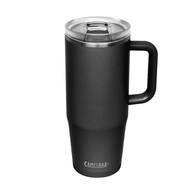 A drink bottle in black with a clear lid and a handle, featuring a logo on the base.