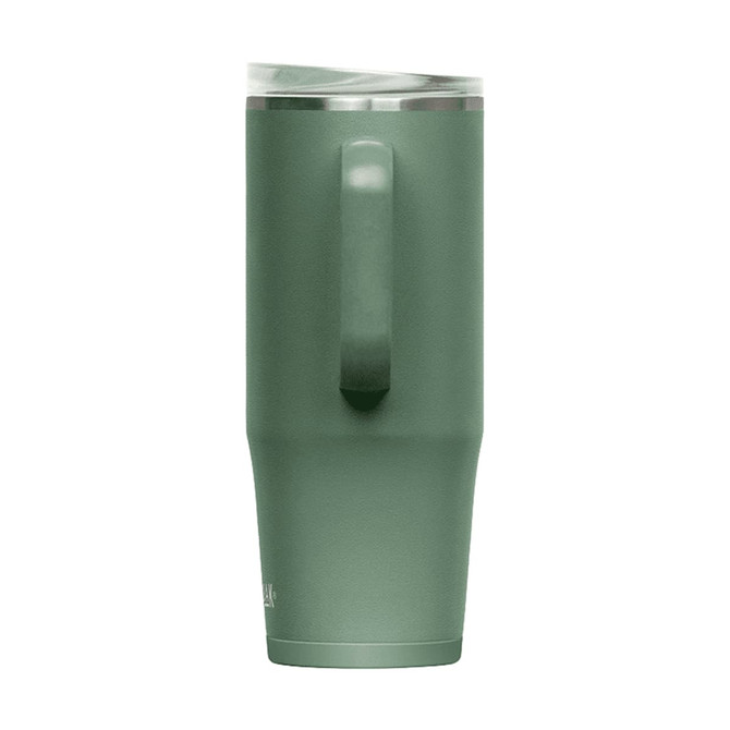 A drink bottle in matte green with a handle, featuring a clear lid and a sleek, tapered design.