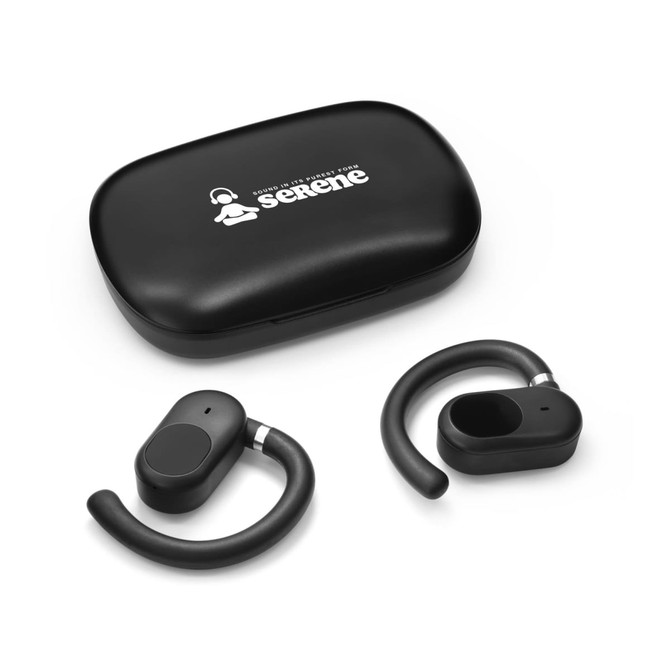 Black Loop Ear Buds with a charging case, featuring a logo on the case and a sleek design.