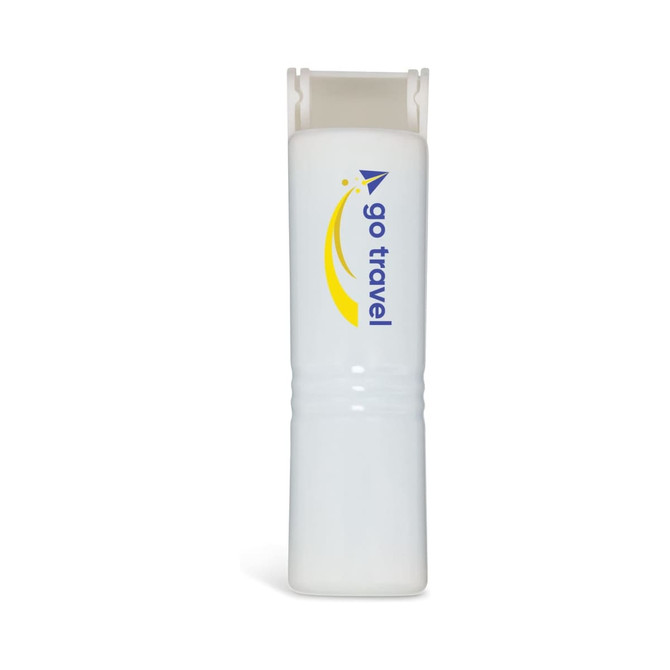 A white mini lint roller featuring a curved, sleek design and a logo.