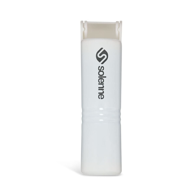 A white mini lint roller with a logo, featuring a compact design ideal for quick lint removal.