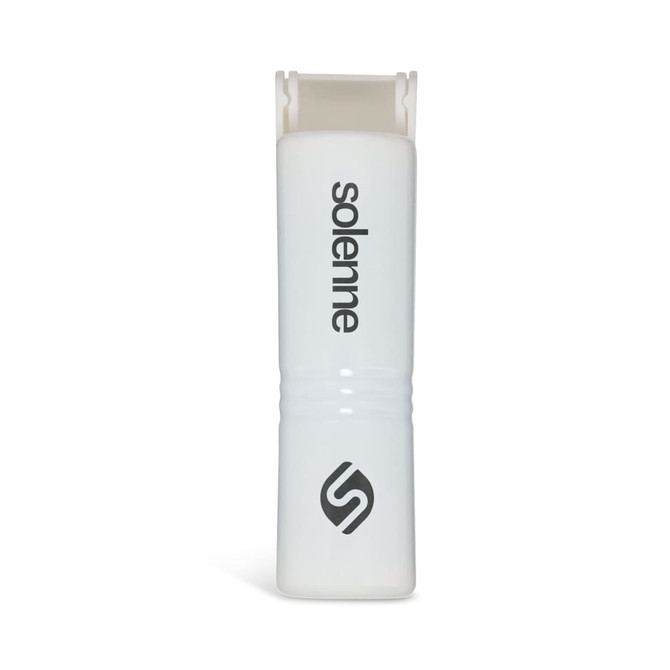 A white mini lint roller with a smooth design and a circular logo at the base.