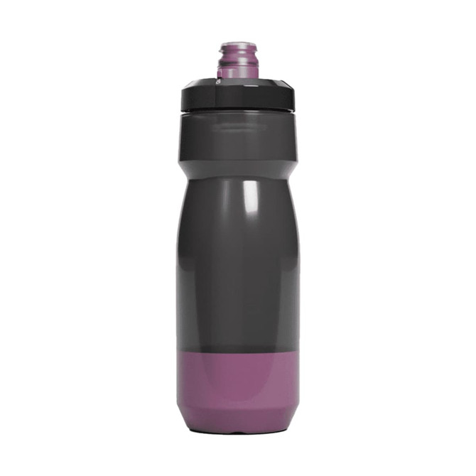 A drink bottle in grey and purple, featuring a sports cap and a branded design.