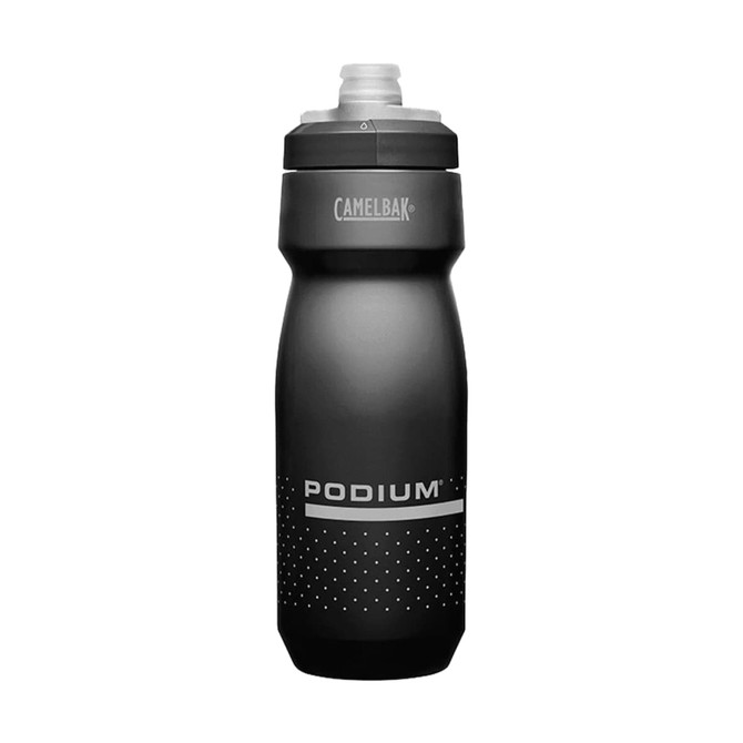 A drink bottle in matte black with a textured grip and a logo, featuring a spout for easy drinking.