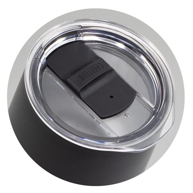 A drink bottle featuring a black stainless steel body and a clear lid with a black sliding opening.