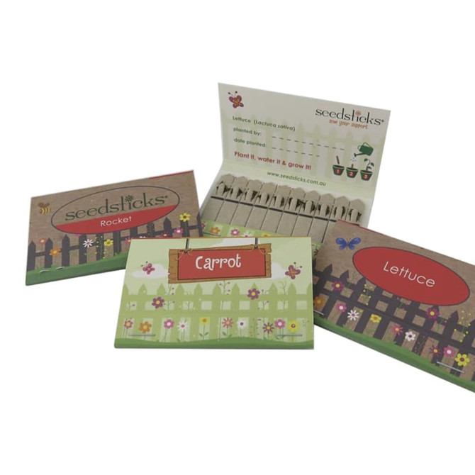 Three seed packets for Rocket, Carrot, and Lettuce, featuring colourful, garden-themed designs and a logo.