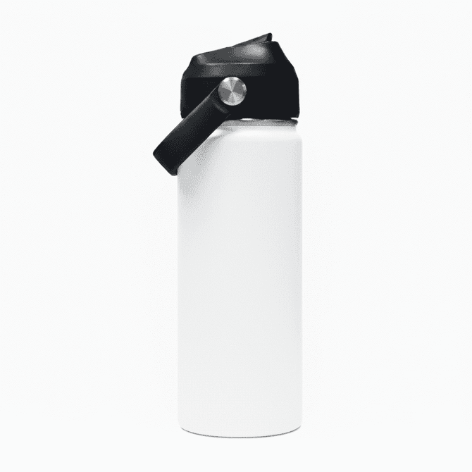 A drink bottle with a sleek white body, black lid, and carry handle. It features a logo on the surface.