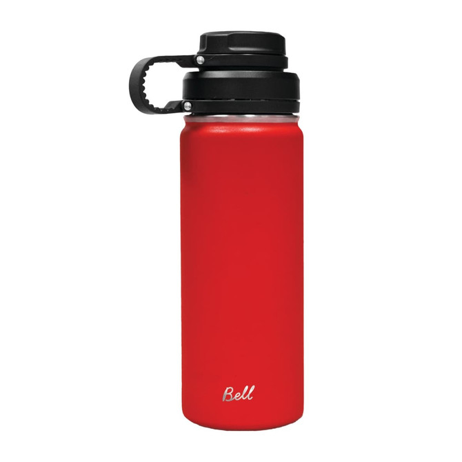 A drink bottle in bright red, featuring a black infuser lid and a logo on the side.