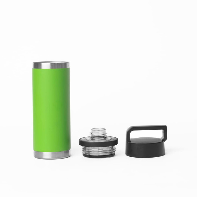 A drink bottle in vibrant green, featuring a stainless steel base and two detachable lids: one clear and one black.