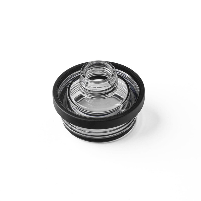 A drink bottle with a solid black handle and a clear glass body, featuring a screw top opening.