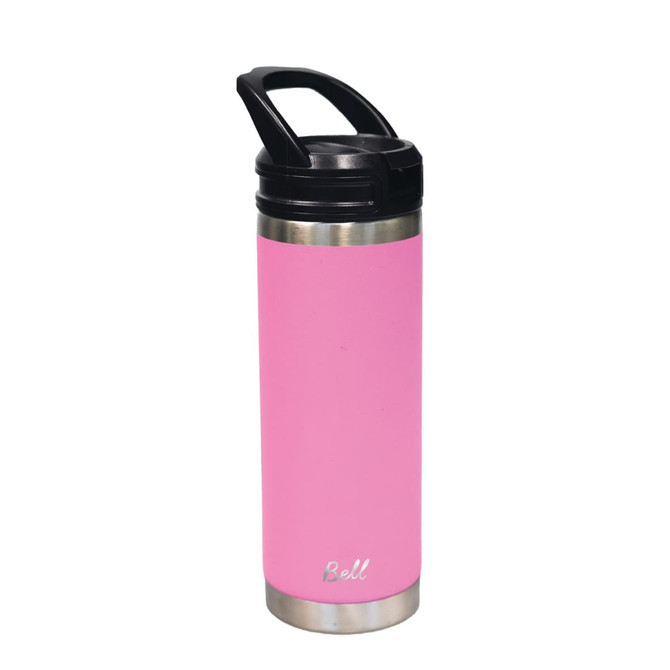 A drink bottle with a pink body and stainless steel base, featuring a sipper handle and a logo.