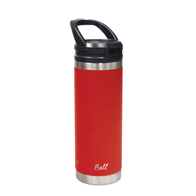 A drink bottle featuring a red exterior with a stainless steel base and a sipper handle. It has a logo.