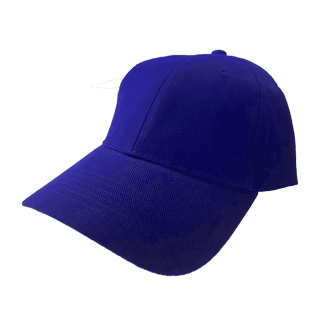 A blue brushed cotton baseball cap with a curved peak and a logo on the front.