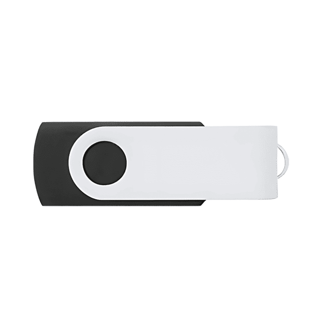 A black and white USB flash drive featuring a swivel design, with a circular button on its side.