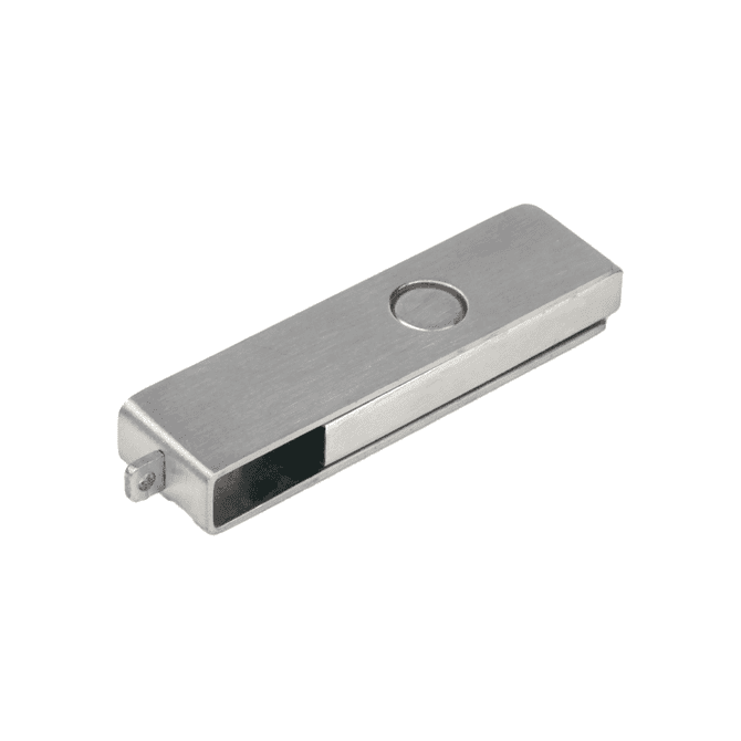 A silver metal swivel drive flash drive with a sleek design and a branding logo on one side.
