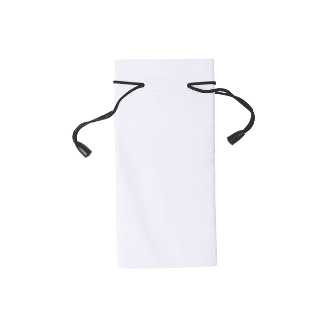 A white pouch with a drawstring closure, featuring black accents. It includes a logo.