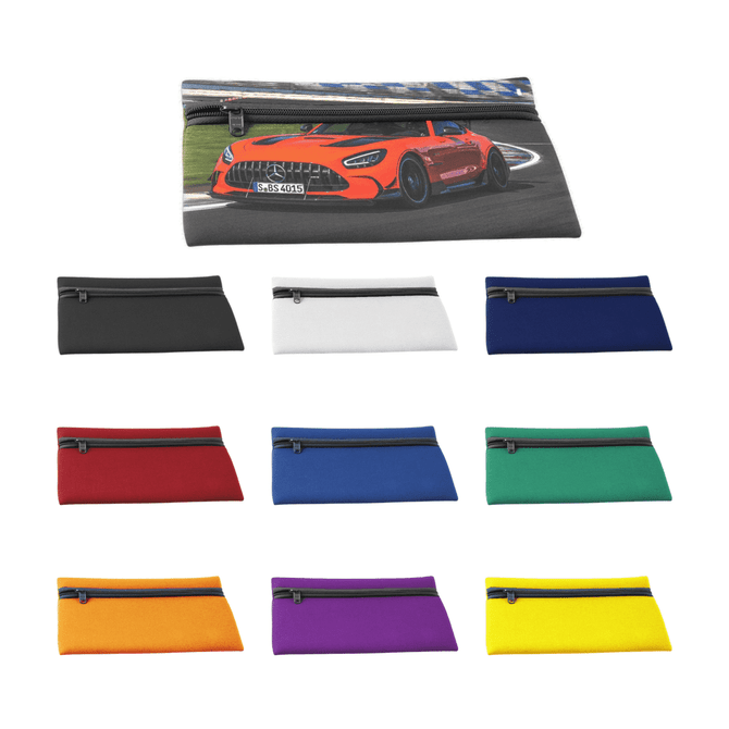 A neoprene pencil case featuring a sports car design, available in various colours including black, white, red, blue, green, orange, purple, and yellow.