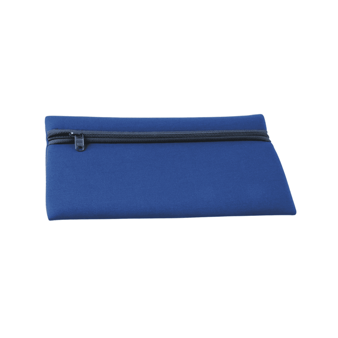 A blue neoprene pencil case with a zip closure, featuring a smooth exterior and minimalist design.