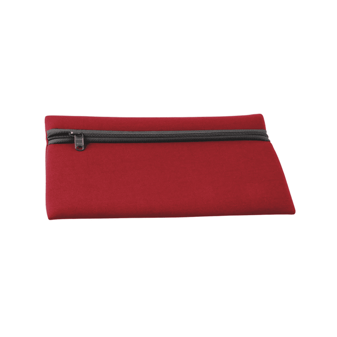 A red neoprene pencil case with a black zipper, featuring a logo on the front.