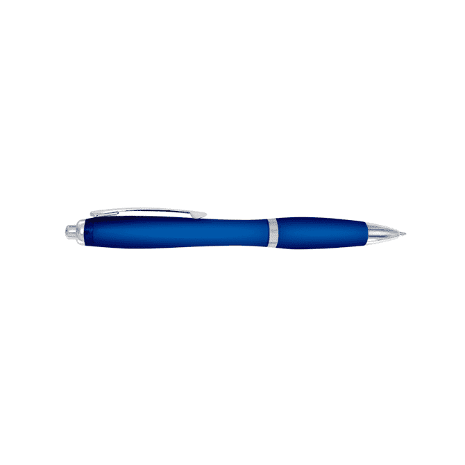 A blue plastic pen with a silver clip and accents, featuring a logo on the body.