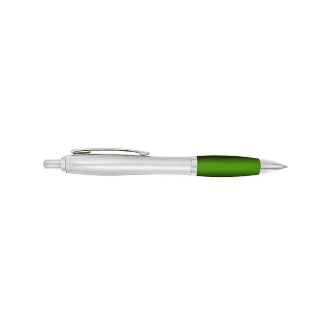A plastic pen with a silver barrel and a green grip, featuring a clip and a branding logo.