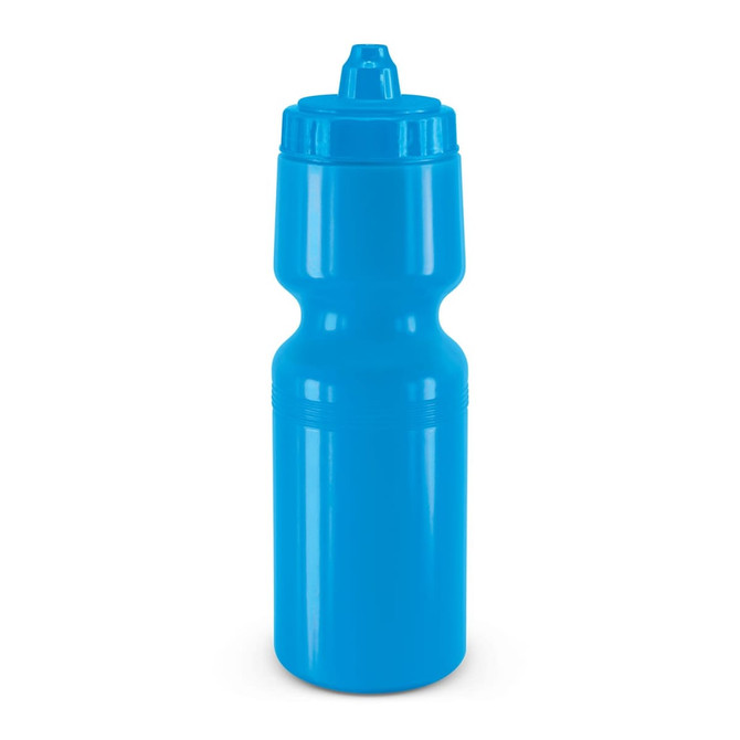 A drink bottle in a vibrant blue color, featuring a squeeze design and a nozzle cap.