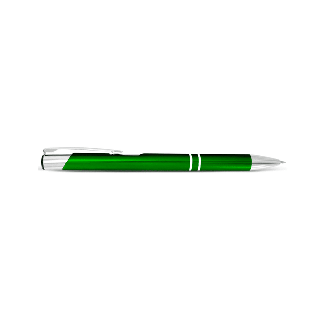 A green metal pen with a silver tip and clip, featuring a sleek and modern design.