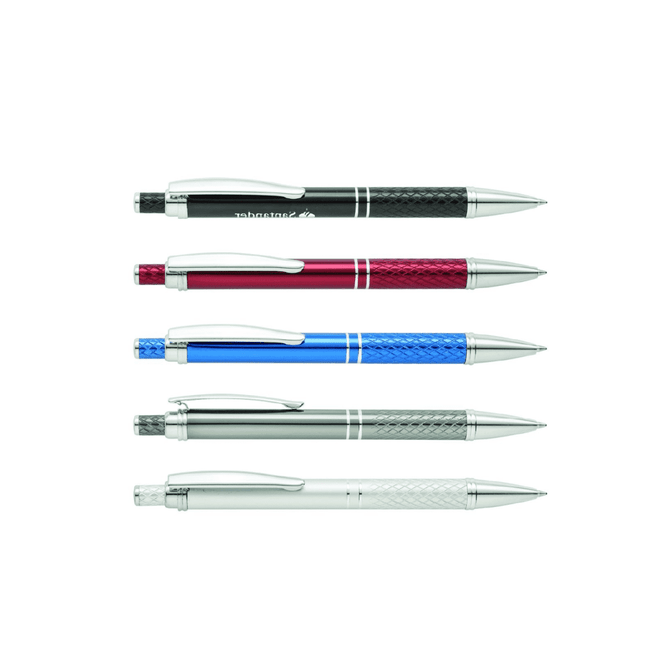 A collection of five metal pens in black, red, blue, silver, and grey with a branded logo on each.