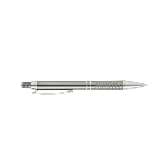 A metal pen with a silver finish and a textured grip; features a clip and a logo.