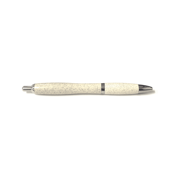 A plastic pen in a light cream colour with a speckled texture and metallic accents. It features a logo.