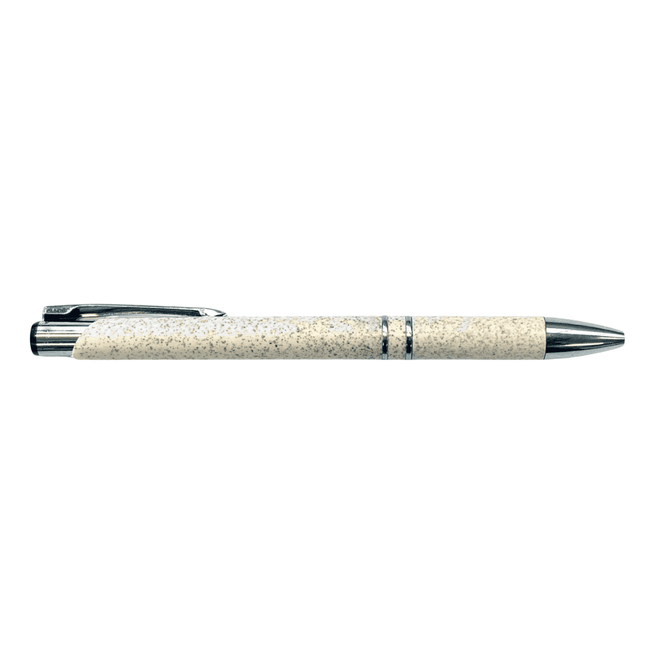A slimline silver pen with a wheat straw barrel, featuring a shiny silver clip and accents.
