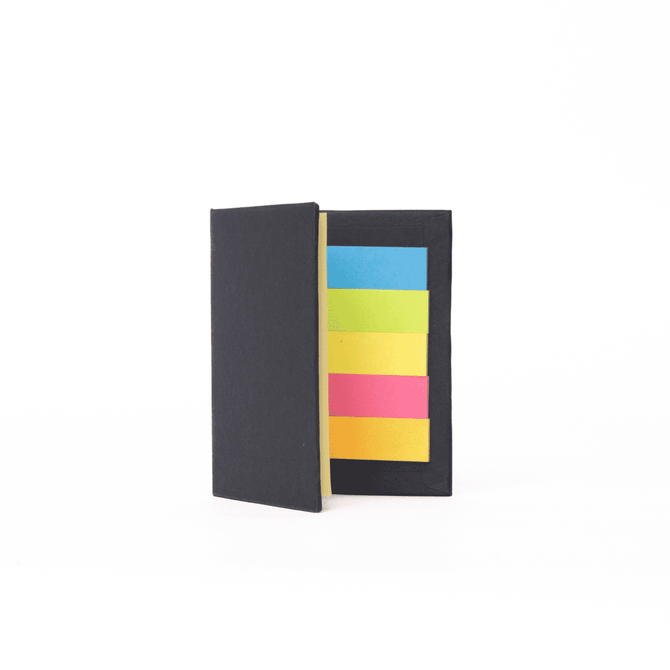A black sticky note book featuring vibrant sticky notes in pink, yellow, green, and blue.
