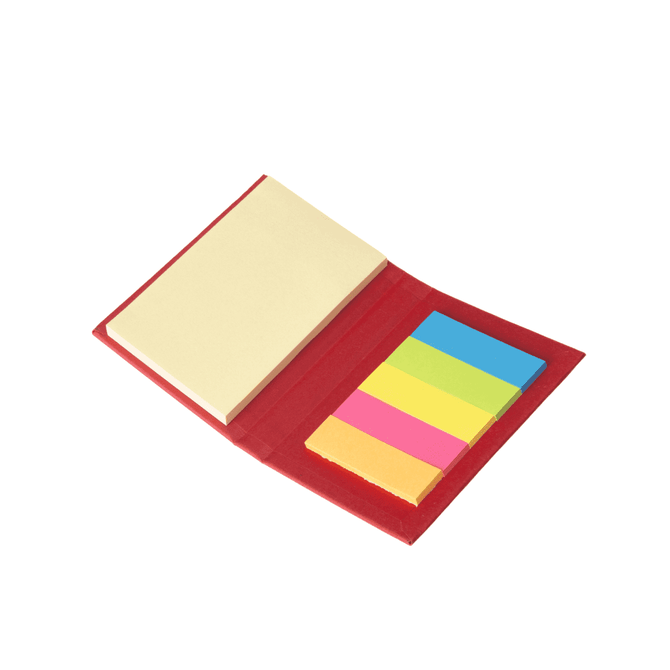 A red sticky note book containing a pad of yellow sticky notes and five colourful flags in pink, blue, green, and yellow.