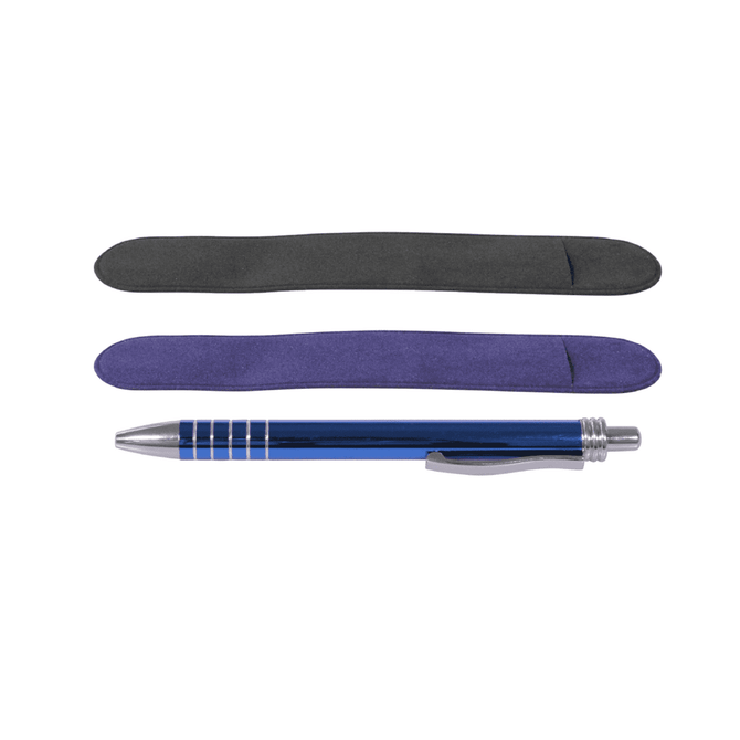 A pen pouch in black and purple with a silver pen, featuring a logo on the pen.