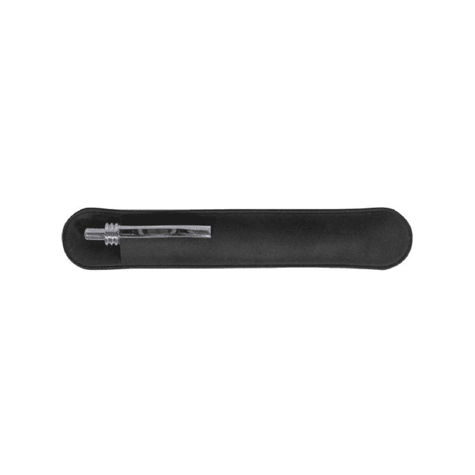 A black pen pouch with a pen inside, featuring a simple design and an embossed logo.