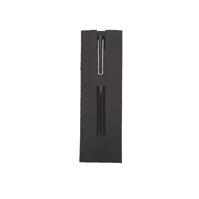 A black recycled cardboard pen pouch with a clear plastic pen inside, featuring a simple branding logo.