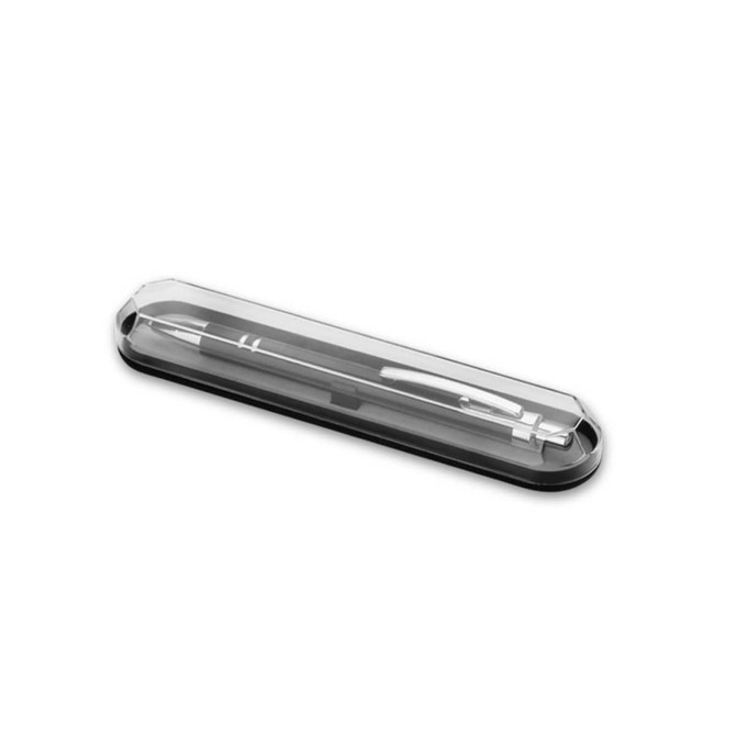 A clear pen box featuring a black and silver pen inside, with an angular, transparent lid.