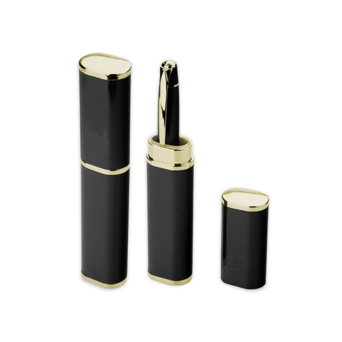A sleek black aluminium gold pen box with a pen and a separate cap, featuring gold accents.
