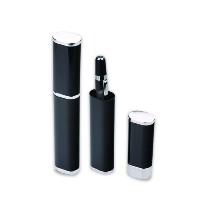 A black aluminium pen box set featuring three pieces, including a pen, with silver accents.