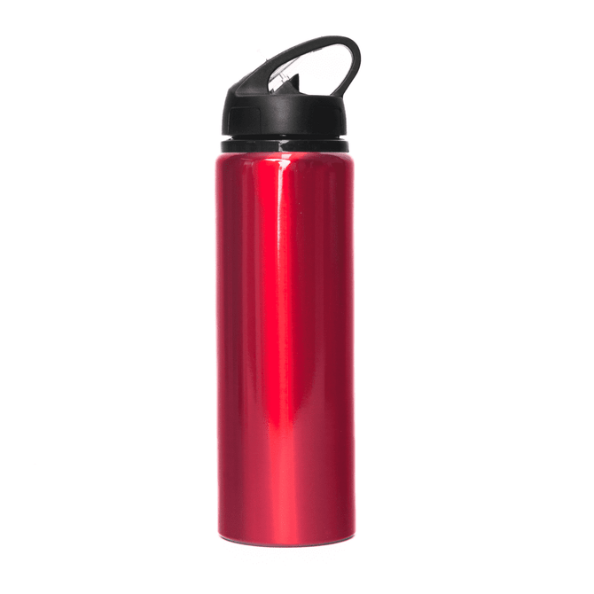 A drink bottle in bright red aluminium, featuring a black straw and a handle for easy carrying.