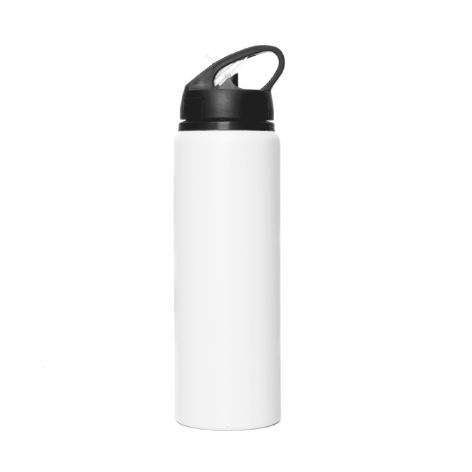 A drink bottle featuring a white aluminium body with a black straw lid and a logo.