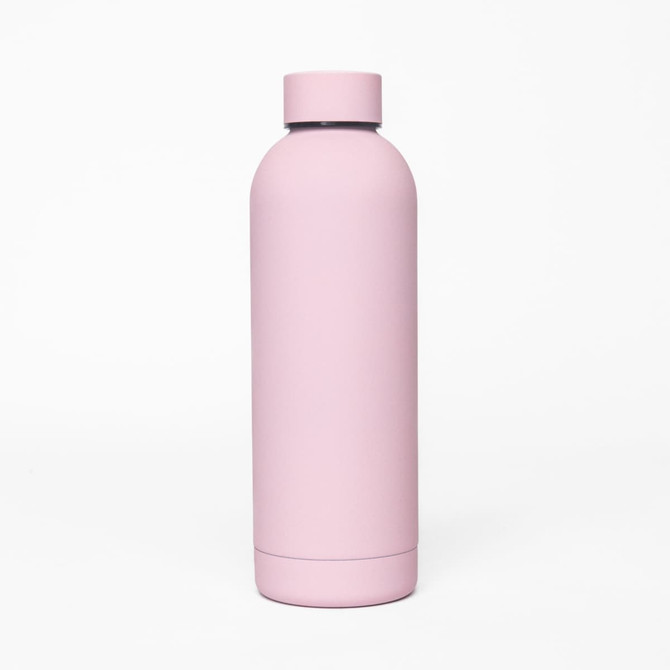 A drink bottle in a matte pink finish, featuring a double wall design and a logo.