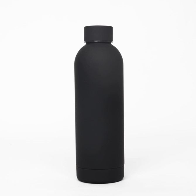 A drink bottle in matte black, featuring a sleek double wall design and a logo on its surface.
