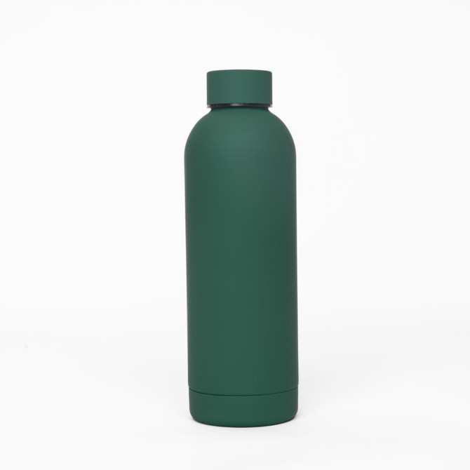 A drink bottle in matte green finish, featuring a sleek, double wall design and a logo.