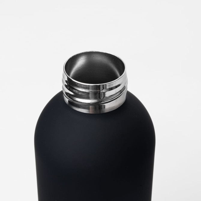 A drink bottle in matte black finish, featuring a stainless steel opening and a simple logo.