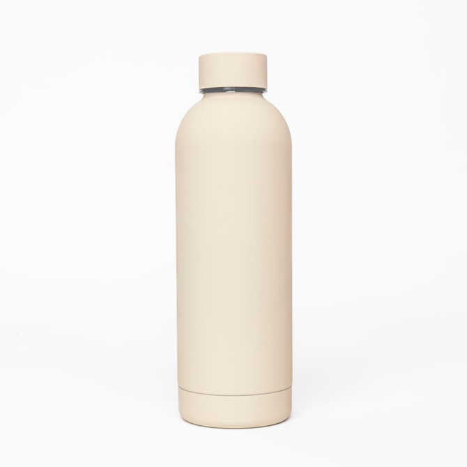 A drink bottle in a light beige colour with a sleek design and a branded logo.